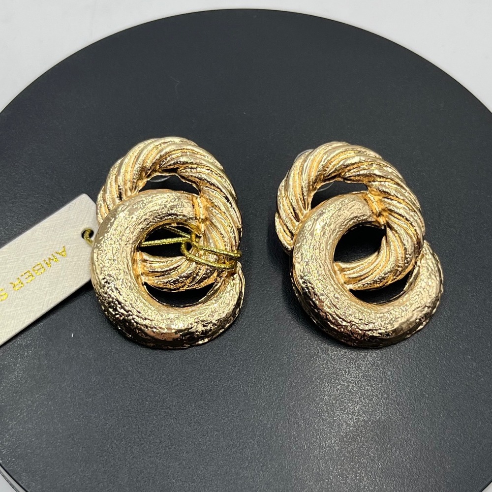 Amber Sceats Designer Gold‎ Plated Interlocking Textured Pierced Earring